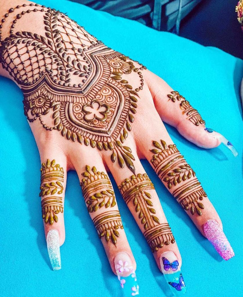 back hand with long nails Eid Mehndi Designs